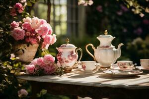 un' giardino scena impostato con un' vivace tè festa impostare, completare con Vintage ▾ Cina, lussureggiante fiori, e un' toccare di barbiecore estetico. generativo ai foto