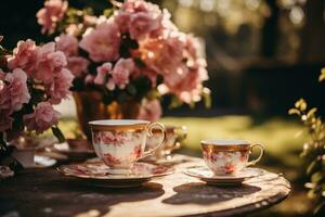 un' giardino scena impostato con un' vivace tè festa impostare, completare con Vintage ▾ Cina, lussureggiante fiori, e un' toccare di barbiecore estetico. generativo ai foto