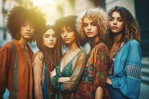 un' gruppo di giovane moda Modelli in posa insieme nel vibrante, di moda abiti, cattura il spirito di unità e diversità nel il moda industria. generativo ai foto