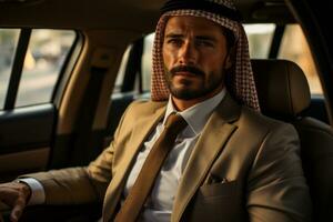 arabo uomo d'affari nel lusso limousine. generativo ai foto
