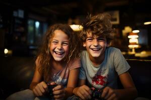 fratello e sorella ridere e giocare video Giochi insieme nel moderno vivente camera. generativo ai foto