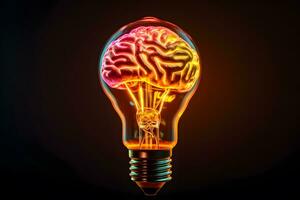un' raggiante leggero lampadina con un' cervello dentro. generativo ai foto