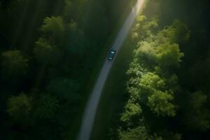 aereo Visualizza di auto guida attraverso foresta. generativo ai foto