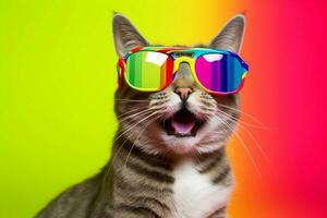 un' gatto indossare occhiali da sole su un' colorato sfondo. generativo ai foto