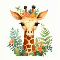 un' giraffa con fiori su suo testa. generativo ai foto