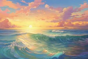 un artistico pittura di il oceano a tramonto. generativo ai foto
