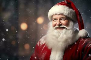 sorridente Santa Claus nel il suo iconico rosso completo da uomo e barba ai generativo foto