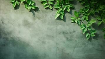 calcestruzzo verde e grigio sfondo con le foglie. piatto posizione, superiore Visualizza, copia spazio. foto