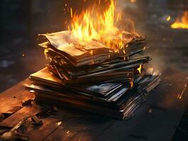 bruciato mucchio di libri pila su fuoco conoscenza perso concetto generativo ai foto