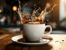 drammatico nero caffè spruzzo tazza bicchiere fotografia su il tavolo caffè fagiolo generativo ai foto