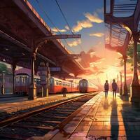 treno stazione Visualizza con giapponese stile animazione, generativo ai foto