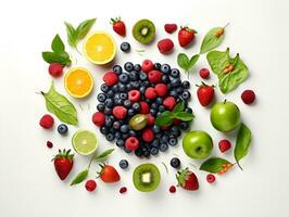 un' collezione di salutare cibo carne verdure frutta bianca sfondo, generativo ai foto