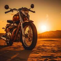 classico motocicletta tipico di un' virile uomo nel un' polveroso terra desolata, ai generativo foto
