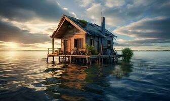 abbandonato cabina di legno Casa su il mare, ai generativo foto