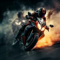 strada da corsa motocicletta con drammatico Fumo effetto, generativo ai foto