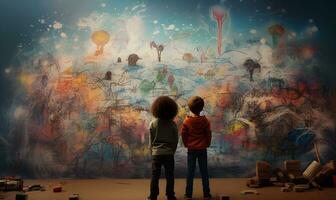 bambini disegno su il parete, ai generativo foto