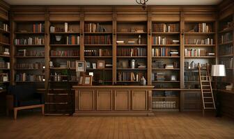 di legno minimalista casa biblioteca, ai generativo foto