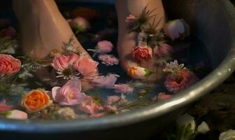 donna ammollo piedi nel fiore acqua, ai generativo foto