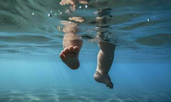 bambino piedi nel il acqua visto a partire dal sotto il acqua, ai generativo foto