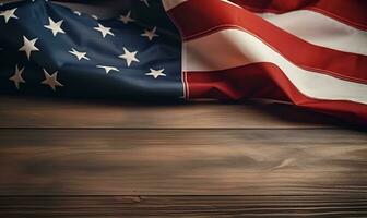 americano bandiera stoffa su di legno tavolo, ai generativo foto