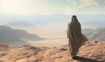 uomo nel abaya e bianca foulard a piedi nel il deserto, ai generativo foto