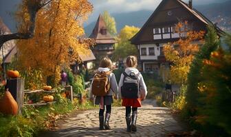 scuola bambini a piedi su un' villaggio strada con autunno foglie, ai generativo foto