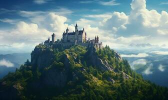 vecchio europeo castello su un' verde collina, ai generativo foto
