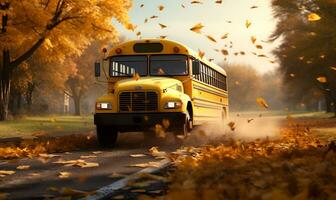 giallo scuola autobus auto su il strada con autunno arancia foglie, ai generativo foto