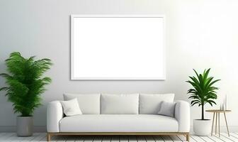 minimalista bianca Casa interno con di grandi dimensioni, pianura bianca parete cornici, ai generativo foto