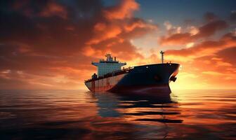 olio petroliera nel il mezzo di il mare a tramonto, ai generativo foto