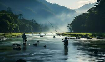 giapponese persone pesca nel il fiume, ai generativo foto