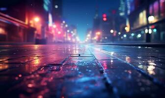 bagnato città strada con sfocato luci sfondo, ai generativo foto