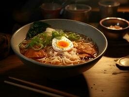 un' ciotola di macro ramen sormontato con Katsu e bollito uovo, ai generativo foto