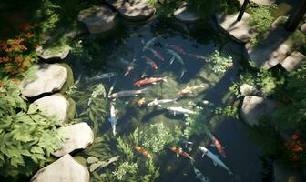 giapponese koi pesce stagno Visualizza a partire dal sopra, ai generativo foto