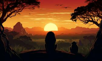 arte di il ombra di un' maschio e femmina Leone di fronte il tramonto, ai generativo foto