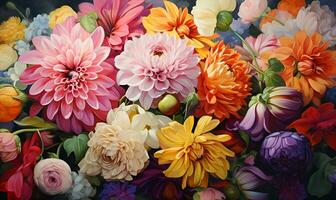 pittura sfondo di vario fiori pieno schermo goffrato, ai generativo foto