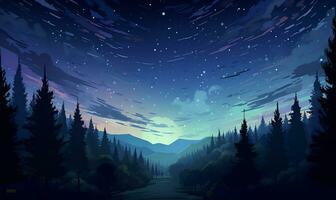 bellissimo foresta e notte cielo la pittura, ai generativo foto