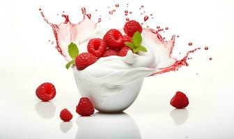 macro di un' ciotola di Yogurt e frutti di bosco bianca sfondo, ai generativo foto