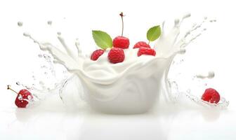 macro di un' ciotola di Yogurt e frutti di bosco bianca sfondo, ai generativo foto
