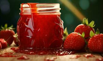 macro di fragola marmellata nel un' barattolo, ai generativo foto