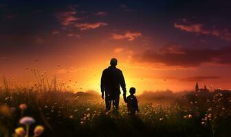 padre e figlio silhouette nel fiore campo a tramonto, ai generativo foto