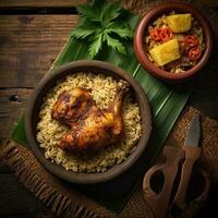 pollo muamba, Gabon cibo, rustico stile sfondo, copia spazio, generativo ai. foto
