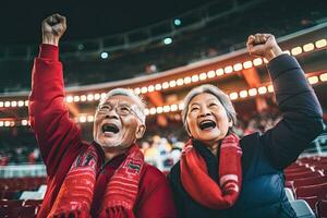 contento anziano coppia Asia stanco ,allegria su il tuo preferito calcio squadra, sfondo calcio fan, a il stadio. foto