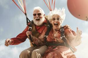 contento anziano coppia pensionato , salto nel un' paracadute ,generativo ai foto