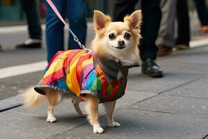 contento cane vestito su moda e camminare nel il evento lgbtq, generativo ai. foto