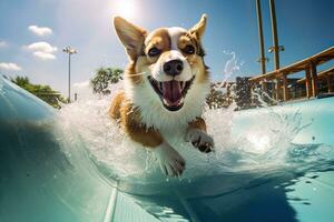 il contento gatto equitazione su il diapositiva nel il acqua parco, generativo ai. foto