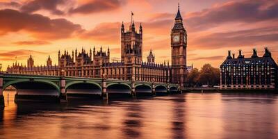 grande Ben e il case di parlamento a tramonto nel Londra, UK ,generativo ai foto