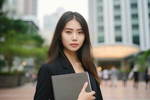 Asia giovane affari donna con taccuino ,Alto edificio sfondo, generativo ai . foto