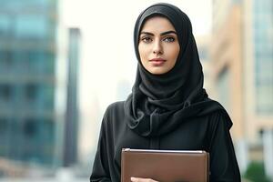 arabo giovane affari donna con taccuino ,Alto edificio sfondo ,generativo ai. foto