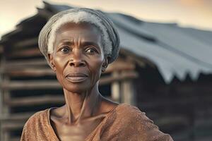 africano donna nel anni '60, corto grigio capelli, campagna ,generativo ai foto